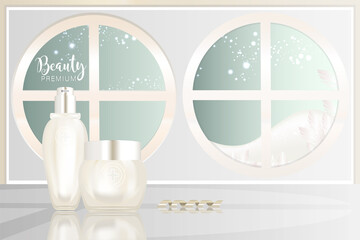 Beauty product ad design, white cosmetic containers with holiday concept advertising background ready to use, luxury skincare banner, illustration vector.