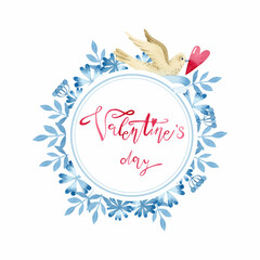 Watercolor floral frame with dove Valentine's day greeting card 