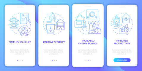 Reasons for home automation blue gradient onboarding mobile app screen. Walkthrough 4 steps graphic instructions pages with linear concepts. UI, UX, GUI template. Myriad Pro-Bold, Regular fonts used