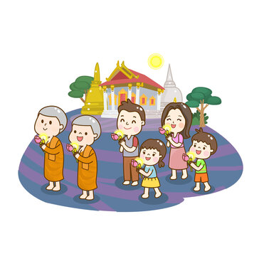 Buddhist Walking with Lighted Candles in Hand Around a Temple Vector     	