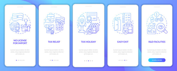 Entrepreneurship incentives blue gradient onboarding mobile app screen. Walkthrough 5 steps graphic instructions pages with linear concepts. UI, UX, GUI template. Myriad Pro-Bold, Regular fonts used