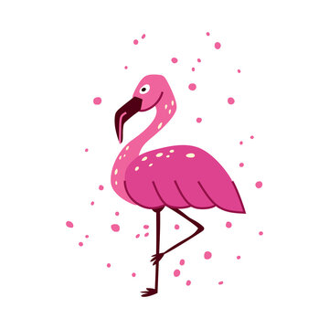 recommend clip art: Pink flamingo with abstract spots. Cute hand drawn illustration on white background. Flat vector clipart with isolated elements. Childish simple image