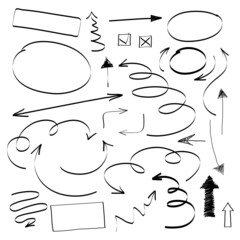 Hand drawn set arrows, frames and borders in cartoon style. Doodle vector design elements for infographics, graphic and web design. Line art collection