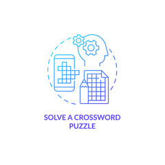 Solve crossword puzzle blue gradient concept icon. Morning training for brain abstract idea thin line illustration. Isolated outline drawing. Roboto-Medium, Myriad Pro-Bold fonts used