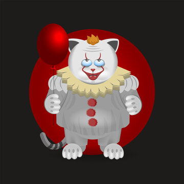 Funny cosplay with a red balloon. A fat white cartoon cat dressed in the style of a scary clown and with a painted round muzzle