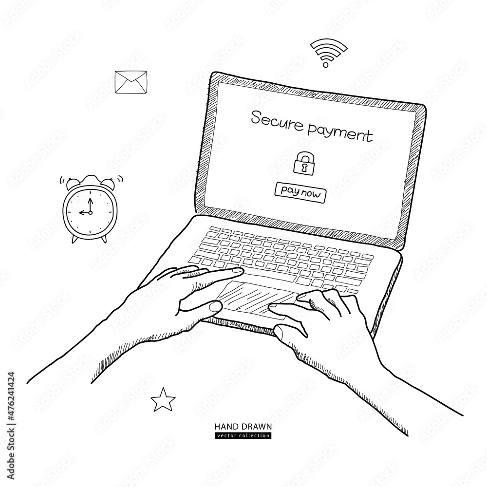 Poster online banking on computer. secure payment text on screen. hands on keyboard. transfer money from tr