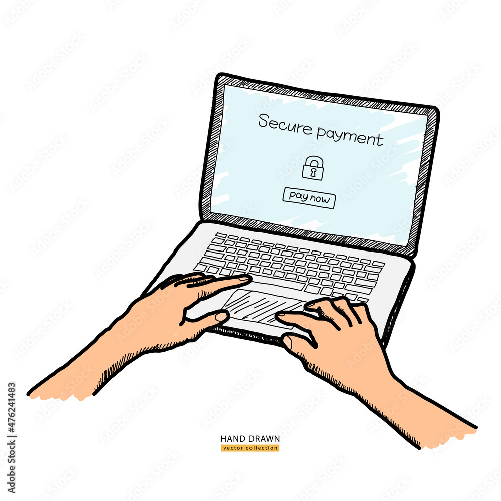 Aufkleber online banking on computer. secure payment text on screen. hands on keyboard. transfer money from tr