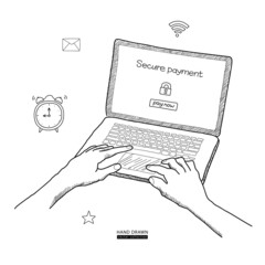 Online banking on computer. Secure payment text on screen. Hands on keyboard. Transfer money from transaction account concept. Hand drawn colored vector sketch. Clock alarm, little time, hurry