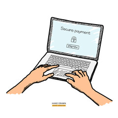 Online banking on computer. Secure payment text on screen. Hands on keyboard. Transfer money from transaction account concept. Hand drawn colored vector sketch