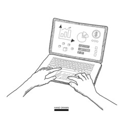 Human hands typing on keyboard. Work at home, remote work, freelance online job concept. Working on laptop vector sketch hand drawn illustration. Web banner or poster design elements