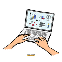 Human hands typing on keyboard. Work at home, remote work, freelance online job concept. Working on laptop vector sketch hand drawn illustration. Web banner or poster design elements. Isolated