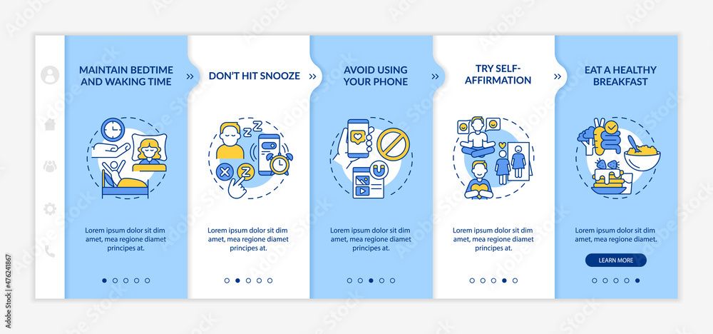 Poster tips for building morning routine blue and white onboarding template. day start. responsive mobile w