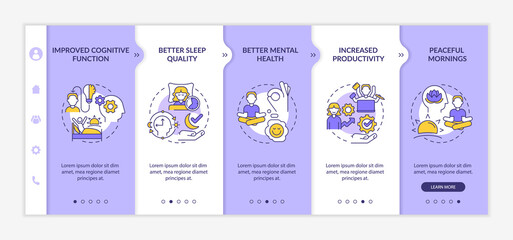 Waking up early benefits purple and white onboarding template. Healthy life. Responsive mobile website with linear concept icons. Web page walkthrough 5 step screens. Lato-Bold, Regular fonts used - obrazy, fototapety, plakaty