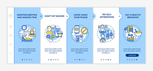Tips for building morning routine blue and white onboarding template. Day start. Responsive mobile website with linear concept icons. Web page walkthrough 5 step screens. Lato-Bold, Regular fonts used