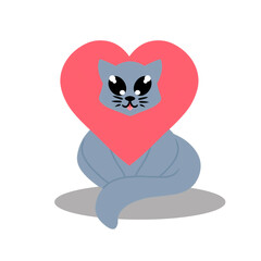 Cute gray cat with pink heart on his head. Vector illustration. Image isolated on white background. Design element for printing on notepads posters fabrics for menu websites decoration