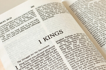 1 Kings open Holy Bible Book. A close-up. Reading and studying Old Testament Scripture. Christian...