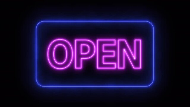 Glowing Neon Sign With Word Open Flickering On Dark Night Background