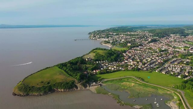 Drone fly video of Clevedon village UK south west seaside town