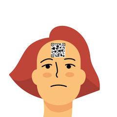 QR code on female forehead Illustration. Isolated on white background