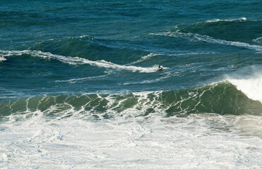 Fototapeta premium Surfing big waves off the coast of Nazaré, Portugal