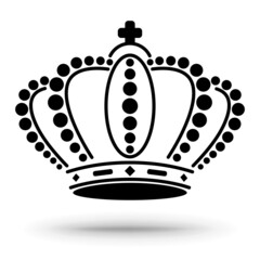 The crown of a monarch, religious leader, emperor or tsar. An attribute of power with precious stones. The silhouette of the crown is highlighted on a white background.