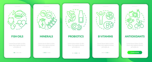 Fototapeta na wymiar Dietary supplements green gradient onboarding mobile app screen. Meals walkthrough 5 steps graphic instructions pages with linear concepts. UI, UX, GUI template. Myriad Pro-Bold, Regular fonts used