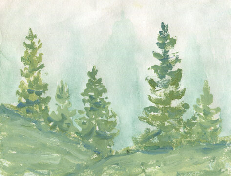 Forest landscape with cute green spruce. Oil painting, watercolor background .Can be used for cards, wallpaper, poster, creative design. © Irina