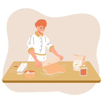 Woman rolling dough in kitchen. Happy housewife rolling pin on cookie dough. Person kneads dough. Adult woman baking cookies, pizza, pie or other sweets. Cartoon vector illustration.