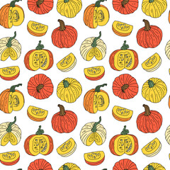Seamless pattern with hand drawn orange and yellow pumpkins. White background. Autumn digital paper.