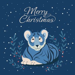 Merry Christmas and happy new year 2022. The year of tiger. Holidays cartoon character. Vector greeting card