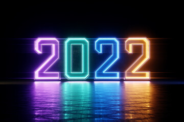 Happy New Years, neon numbers 2022 shine brightly. Festive ultraviolet background. Winter holiday, template, greeting card. 3D render, 3D illustration.