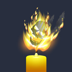 A wax candle burning with a bright yellow-orange flame. A terrible broken human skull is visible in the fire