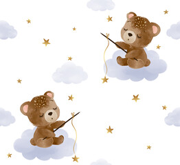 Cute teddy bear is sitting on the cloud and catching stars, seamless pattern design, vector illustration, kids fashion artworks, baby graphics for wallpapers and prints. © StudioLondon