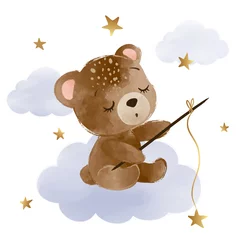 Fotobehang Cute little teddy bear is sitting on the cloud and catching stars, vector illustration, kids fashion artworks, baby graphics for wallpapers and prints. © StudioLondon