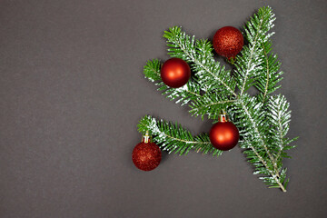 Christmas composition with holiday decorations and a natural spruce branch on a dark background.