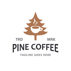 Obraz premium Pine trees coffee logo mark design template. Plant ground seeds symbol vector illustration.