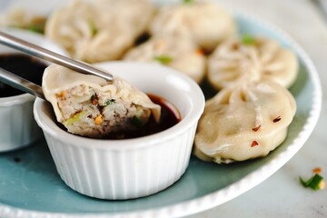 Chicken or Pork dumplings with soy and chilli sauce, selective focus