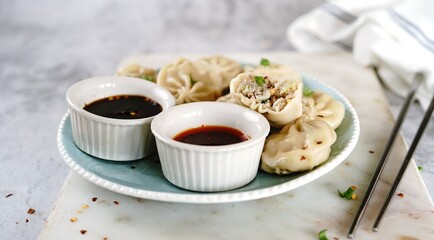 Chicken or Pork dumplings with soy and chilli sauce, selective focus