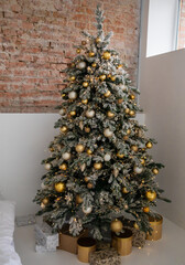 Christmas Home Interior with Christmas tree with Gold gifts in white room