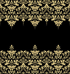 Wallpaper in the style of Baroque. Seamless vector background. Gold and black floral ornament. Graphic pattern for fabric, wallpaper, packaging. Ornate Damask flower ornament