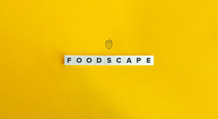 Foodscape Banner and Strawberry Icon. Block letters on bright orange background. Minimal aesthetics.