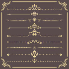 Vintage set of vector decorative elements. Horizontal golden separators in the frame. Collection of different ornaments. Classic patterns. Set of vintage patterns