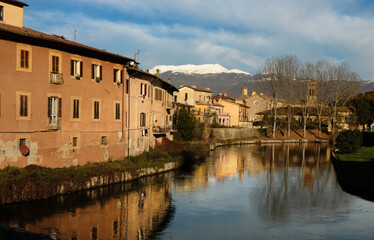 The historic town of Rieti in Italy crossed by the river Velino - obrazy, fototapety, plakaty