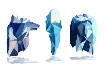 Iceberg low poly icon set vector, polygon geometric and triangle shape design, island snowflake and underwater ocean concept, vector art and illustration.