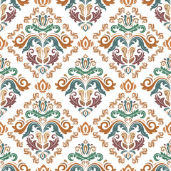 Fototapeta na wymiar Classic seamless vector pattern. Damask orient green and orange ornament. Classic vintage background. Orient ornament for fabric, wallpapers and packaging