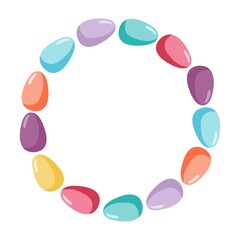 Easter eggs Wreath. Frame in pastel colors with copy space for date, photo, text. Easter eggs circle shape. Print for card, family holiday decor, greeting card, banner, invitation, social media posts