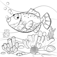 Underwater scene with cute tropical fish and coral reef. Printable coloring page for kids. Black and white vector illustration