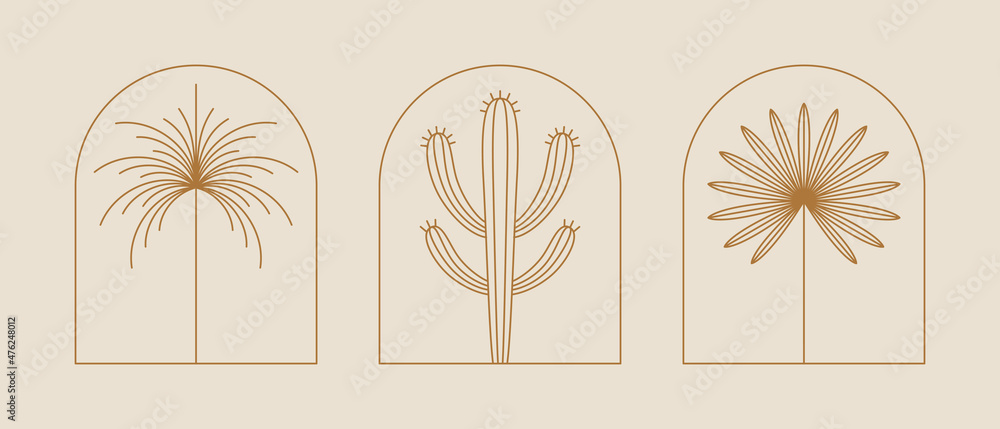 Poster Vector set of linear boho icons and symbols - sun logo design templates - abstract design elements for decoration in modern minimalist style