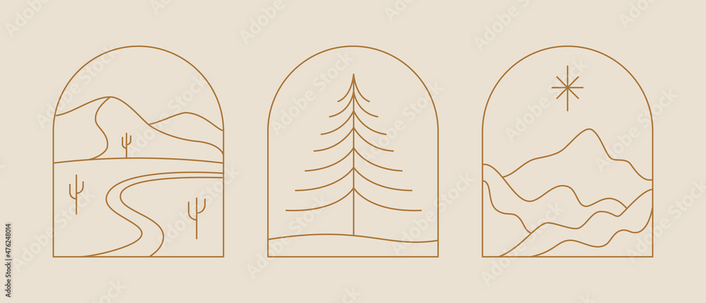 Poster Vector set of linear boho icons and symbols - sun logo design templates - abstract design elements for decoration in modern minimalist style