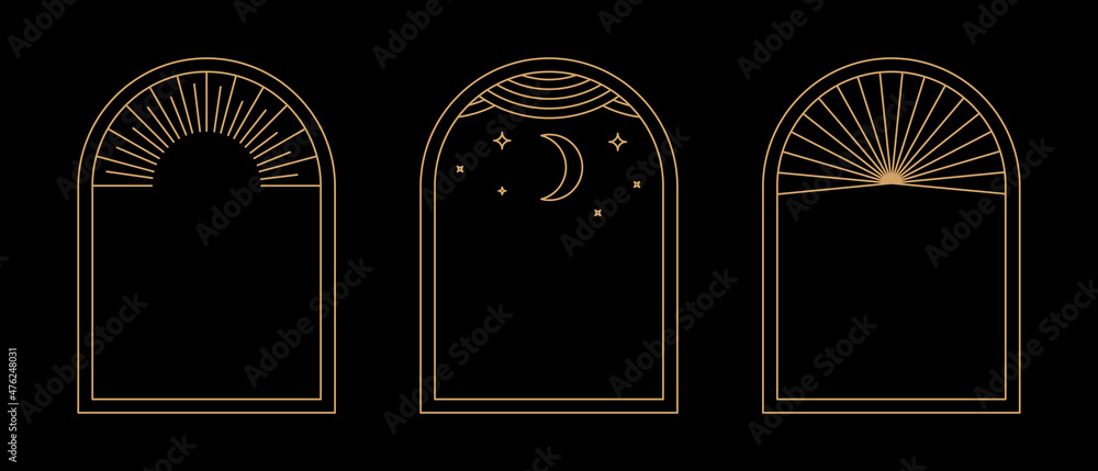 Poster Vector set of design elements and illustrations in simple linear style - boho arch logo design elements and frames for social media stories and posts